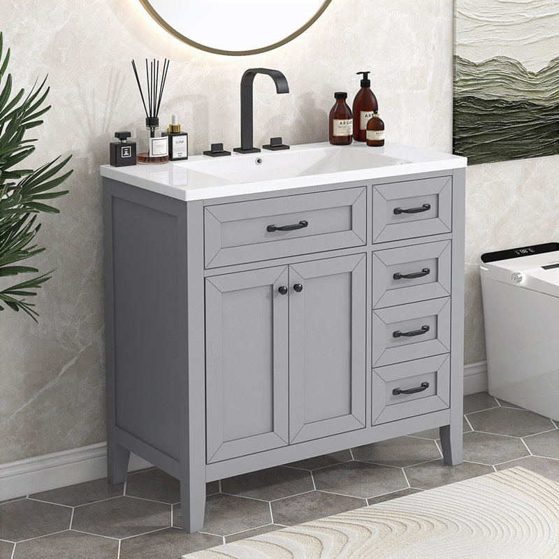 Elzadie Single Bathroom Vanity with Ceramic Top, Gray