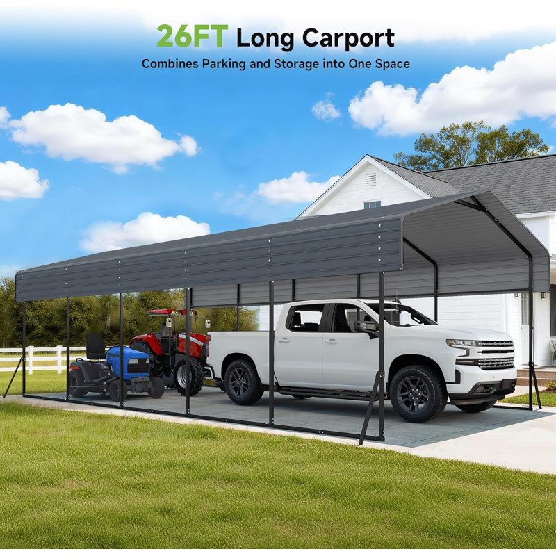 13x26FT Heavy Duty Grey Metal Carport, Galvanized Steel Car Shelter with Reinforced Frame for Car, Boat, Truck & Outdoor Party