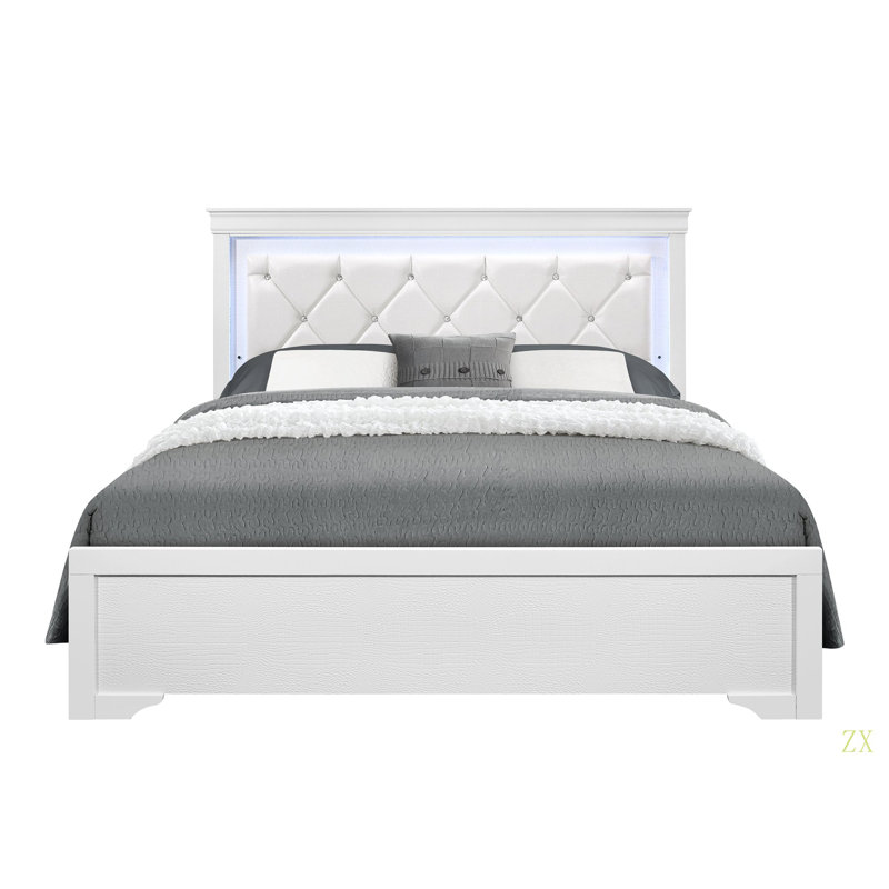 Lit capitonné d'inspiration cristal glamour QUEEN BED with LED, Blanc, Grand lit