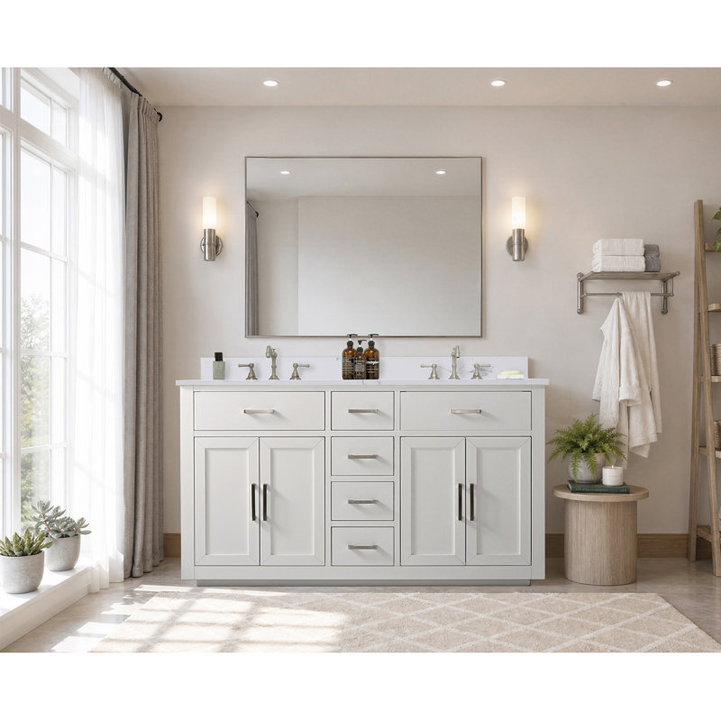 Arrthor 60'' Double Bathroom Vanity with Engineered Stone Top, White