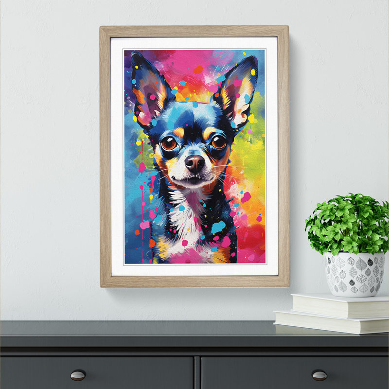 Chihuahua Action - Single Picture Frame Print on Wood, 34cm H x 25cm W x 2cm D, Oak