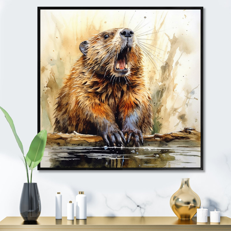 " Cute Beaver II ", 16" H x 16" W x 1" D, Black Floater Framed