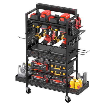 Chariot pour outils électriques avec station de charge, perceuse à roulettes sur pied et chariot de rangement à piles pour outils, cadeau pour homme, mari, père, (noir)