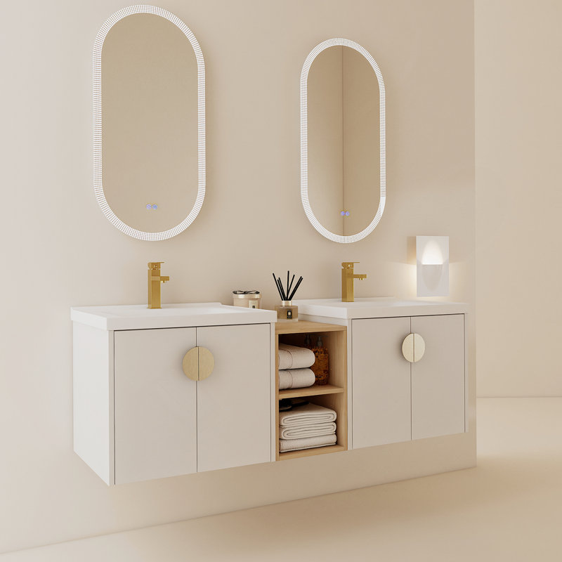 Meuble-lavabo de 60 po avec portes à fermeture en douceur avec lavabo et petites tablettes de rangement., Blanc