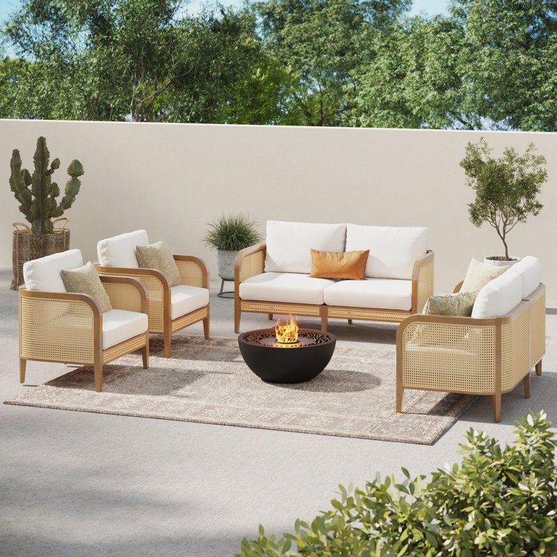 4-Piece Conversation Patio Set, Bohemian Wooden Outdoor Loveseat And Chairs With Cushions, White Cushion/Acacia Frame