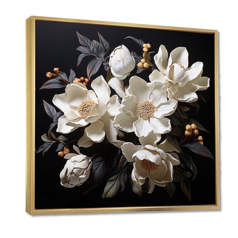 Magnolias émergent de l'ombre en noir I - art mural Magnolias, H 44 po x l 44 po, Cadre flottant doré