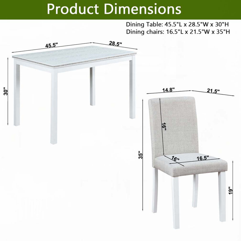 5 Piece Wooden Dining Table Set, White/Light Gray, 5 Pieces: Table, 4 Chairs, 30" H x 45.5" W x 28.5" D