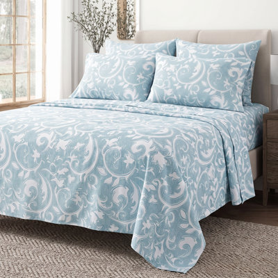 Arianne Super Soft 4-Piece Double Sheet Set - Blue Damask Print, Wrinkle Resistant Microfiber Bedding