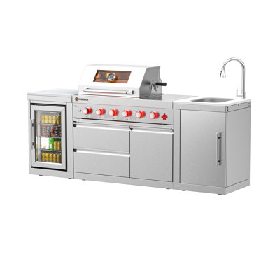 Ensemble d'îlot de cuisine modulaire 3 pièces VESTIVium Sera - Cuisine d'extérieur en acier inoxydable 304 avec 4 brûleurs au gaz, brûleur latéral, brûleur arrière infrarouge, évier, réfrigérateur et comptoir en quartz blanc, gaz naturel