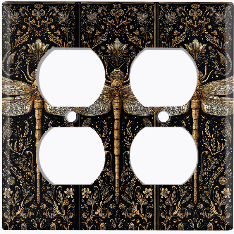 Couvercle de plaque d'interrupteur en métal; Rectangle 2 bandes US standard - Art de libellule élégant, Prise double # 9