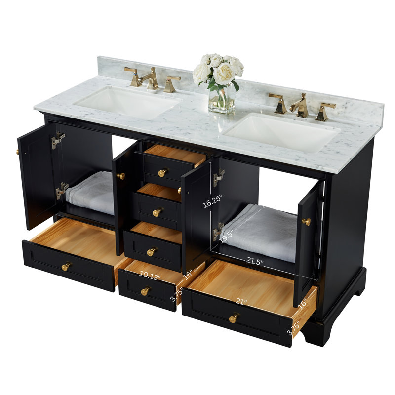 Ensemble de meuble-lavabo double 60 po Varna, Noir onyx / or brossé, Marbre blanc de Carrare