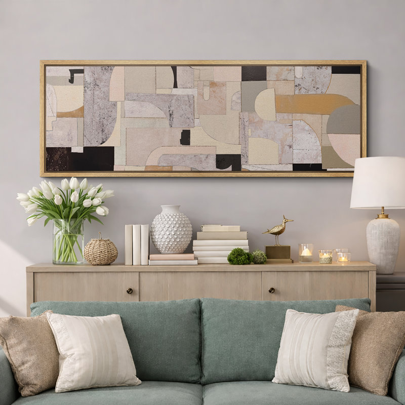 Collage architectural abstrait de style Mid-Century, H 20 po x l 60 po, Naturel