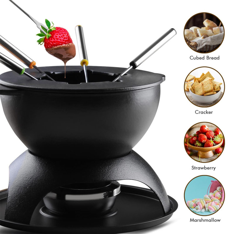 Black Cast Iron Fondue Pot with 6 Colored Forks