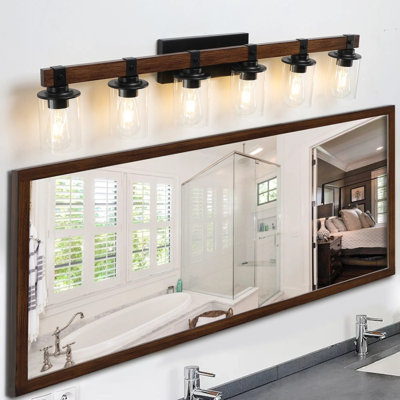 27" Rustic 4-light Vanity Light, Industrial Bathroom Wall Sconce With Glass Shades And Wood Accent, Modern Farmhouse Lighting Fixture (bulbs Not Included)
