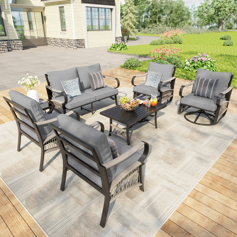 Metal 6-Person Sofa Seating Group With Gray Cushions, Gray