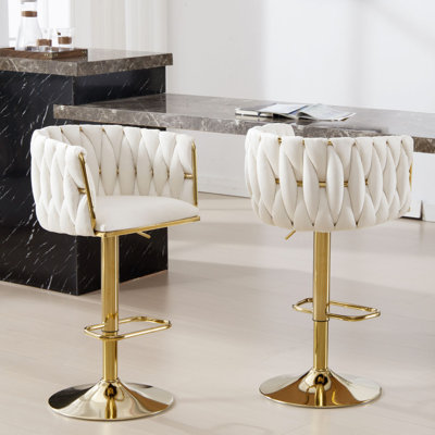 Swivel Adjustable Height Bar Stool with Woven Backs and Gold Base