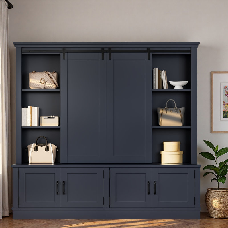 Multifunctional Hall Tree With Sliding Barn Door, Open Shelves And Storage Cabinets, Blue