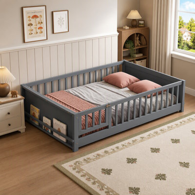 Solid Rubber Wood Floor Bed with Safety Guardrails and Integrated Book Storage Rack for Kids