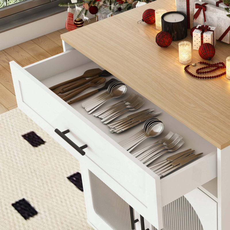 Îlot de cuisine extensible avec table de salle à manger, comptoir en grain de bois massif avec prise de courant, chariot de rangement mobile avec armoire et 2 tiroirs, table de préparation de cuisine