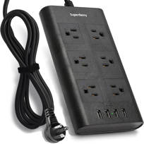 SUPERDANNY Power Strip Surge Protector Flat Plug 10 Ft Extension Cord 6  Outlets 4 USB Ports 110-240V & Reviews