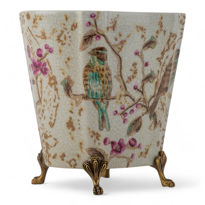 Spring Blossoms Oval Porcelain Planter with Bronze Ormolu