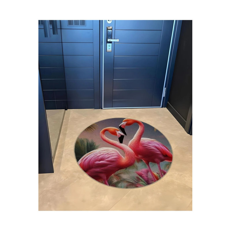 Modern Decorative Carpet With Two Flamingo Details, Round 4'