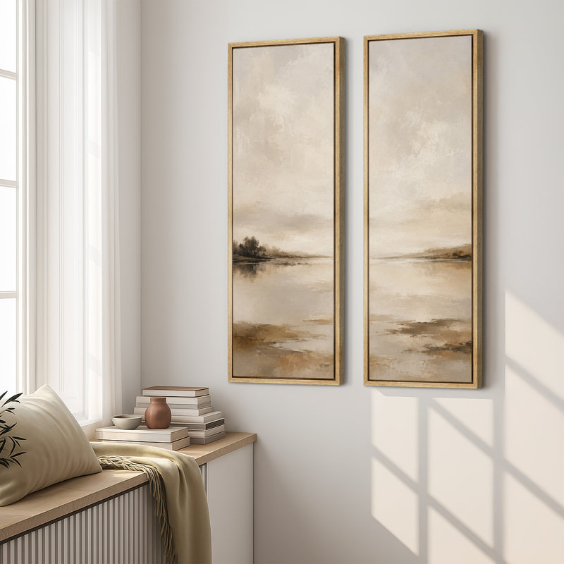 Paysage lacustre minimaliste beige chaud – Ensemble de 2 impressions d'art encadrées sur toile 60 po x 20 po x 2