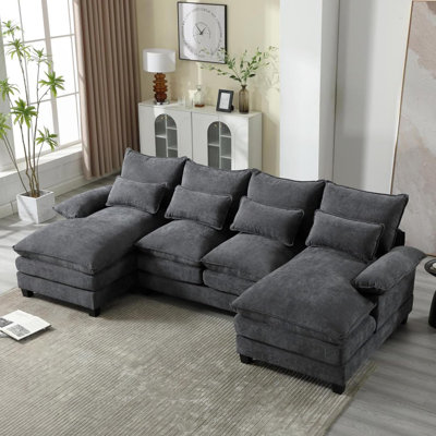 110.2" Grey U-shaped Cloud Couch, 4-seater Modular Sectional Sofa With Double Chaise, Deep Seat Chenille Living Room Sofa