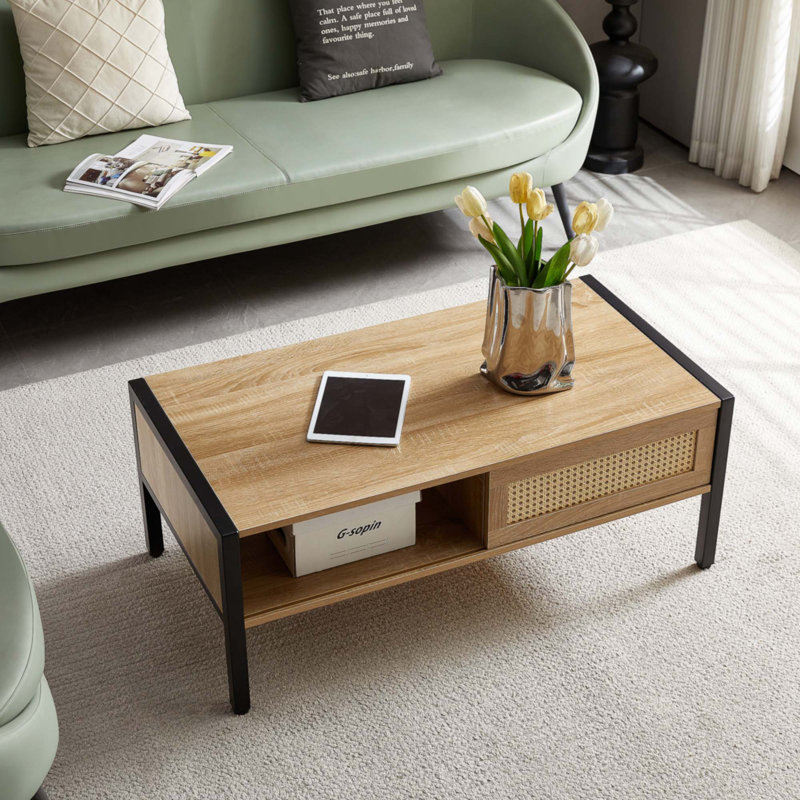40.16" Rattan Coffee Table, Natural Top/Black Base