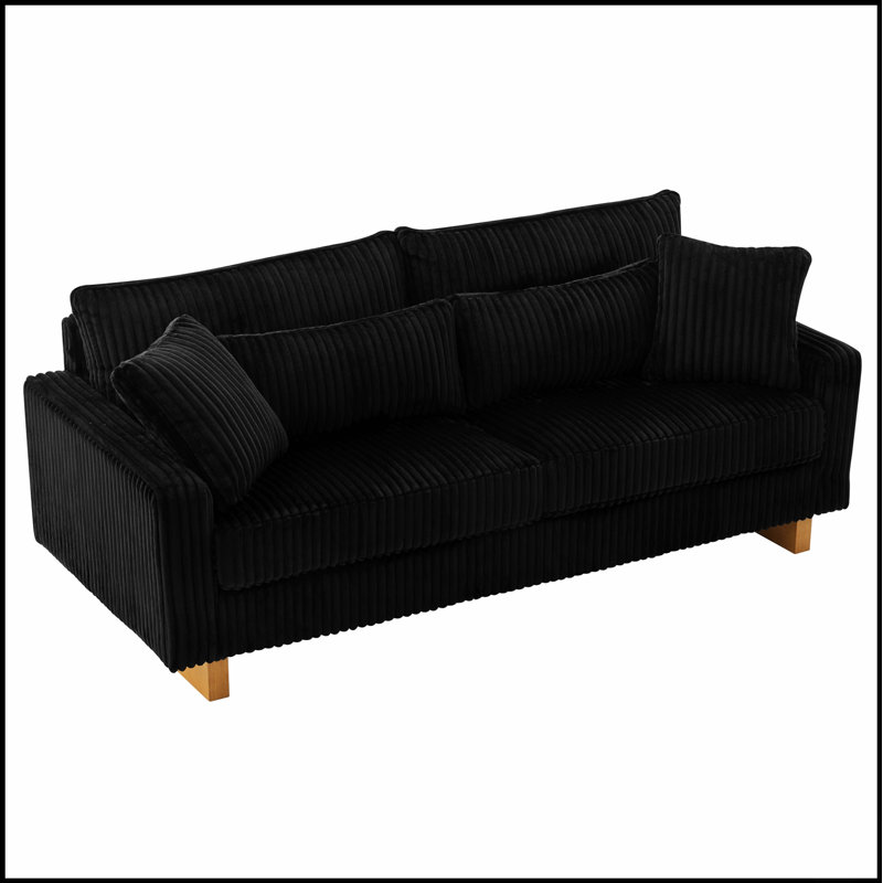 Canapé moderne en velours côtelé avec quatre coussins, durable et confortable pour le salon, Noir, Naturel