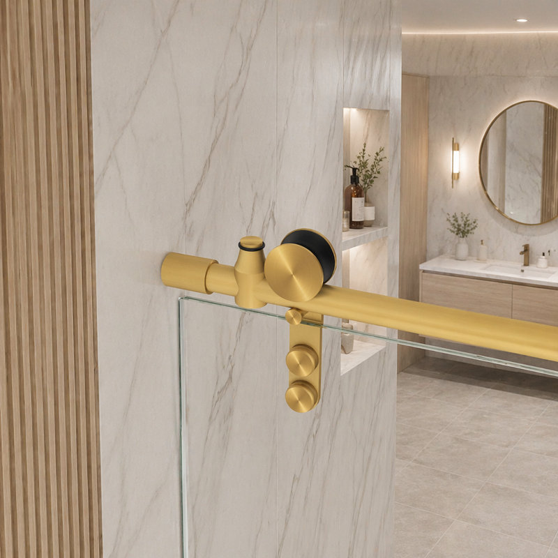 Porte de douche coulissante sans cadre de 56 à 60 po x 76 po, verre trempé transparent de 5/16 po (8 mm), cadre en acier inoxydable, or brossé