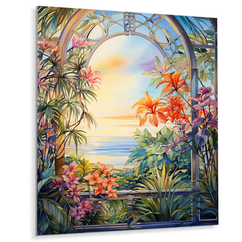 Tropical Windows View Blooms 3 - Abstract Floral Metal Wall Art, 32" H x 24" W x 1" D