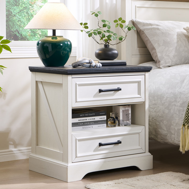 24" Farmhouse End Table With Charging Station, 2 Drawers Large Side Table With Open Shelf, Rustic Nightstand For Bedroom,Living Room