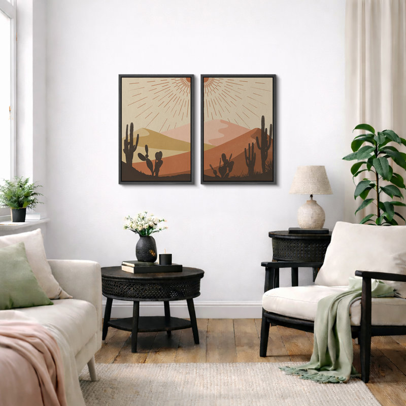 «Cactus Desert Brown Sun Rays Southwest Landscape», reproduction d'art sur toile encadrée 2 pièces, Noir