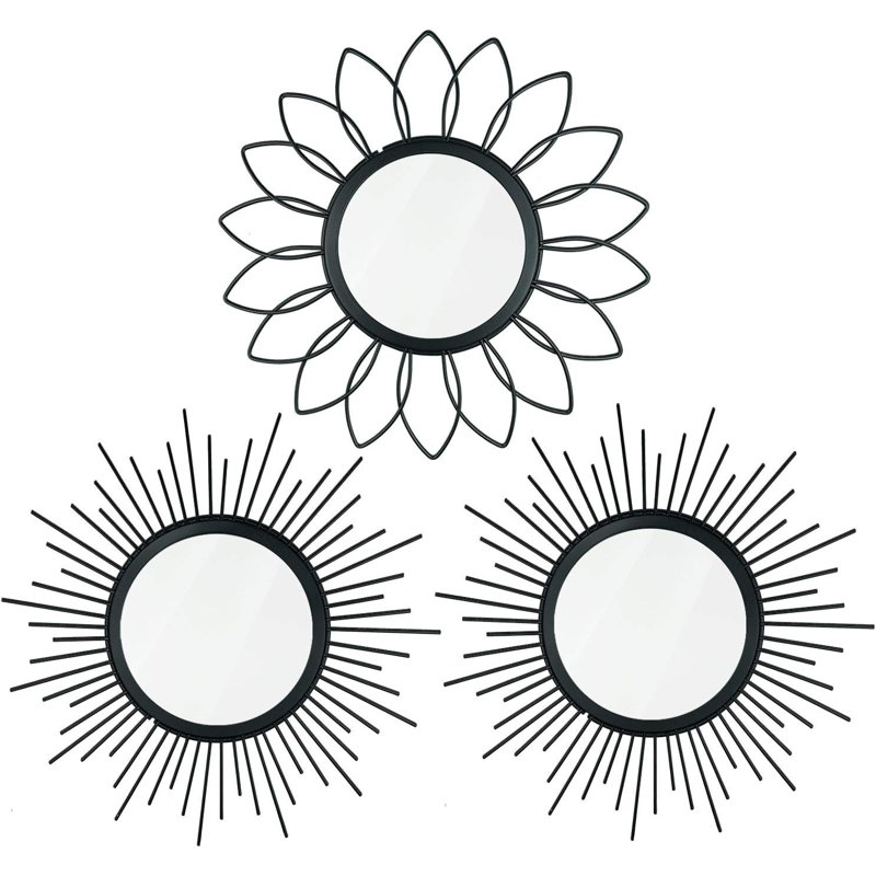 Flower & Sunburst Wall Mirrors Set Of 3 - Black