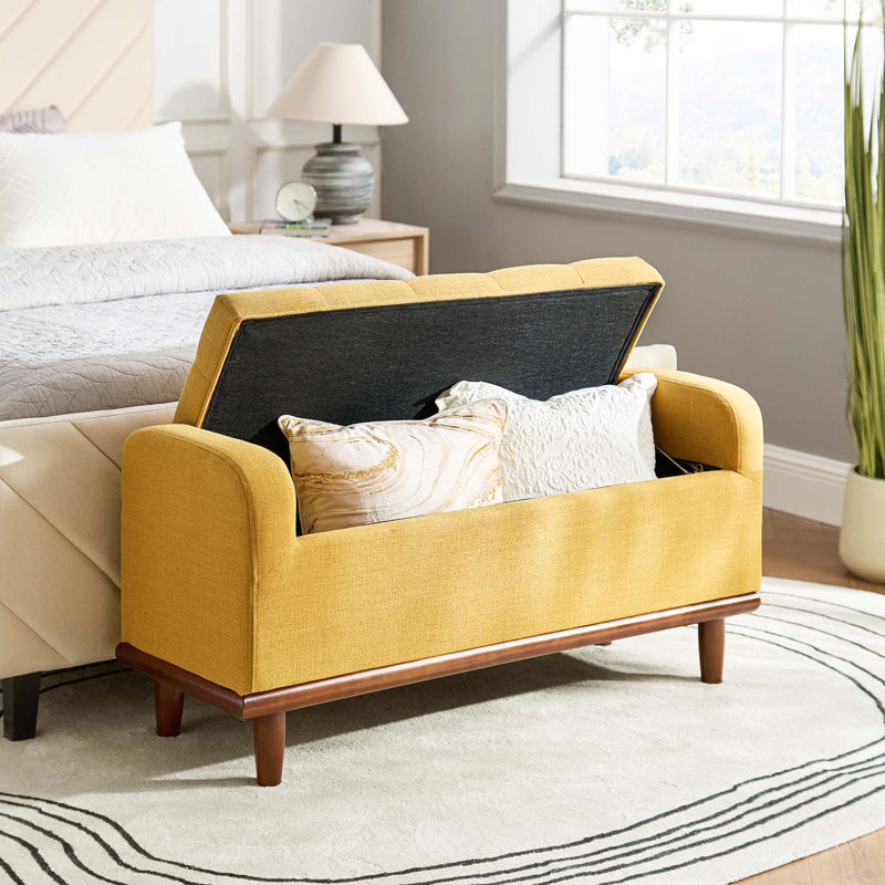 Luker 46.2" W Upholstered Tufted Storage Bench with Solid Wood Legs, Mustard