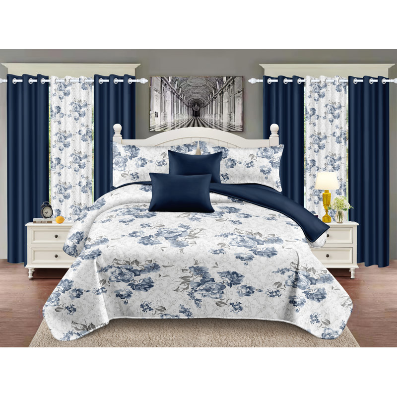 9pcs Quilt Bedding Set Blue Floral Bedspread King Size for Modern Bedroom, Lightweight Comforter with 2 Pillow Shams, 6 Matching Curtains 90x100In