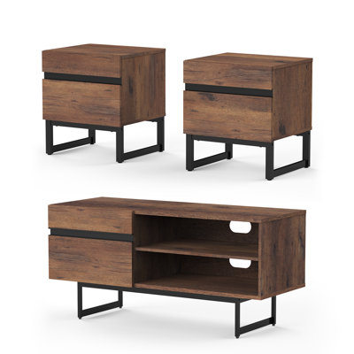Ensemble de 3 tables de salon modernes Cerro, meuble télé avec armoire de rangement et 2 tables de bout avec tiroirs pour le salon, meuble télé et console