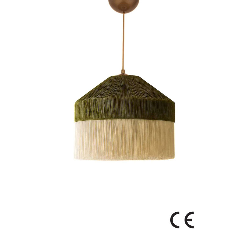 Elegant Adjustable Chandelier, Green & Cream Colors, Ø15.7 x 13.8 inches | Durable Plastic Body & Macrame-Rafia Cap | Height Adjustable from 13.8 to 27.6 inches | Max 40W E27 Socket, Ideal for Home & Dining Spaces