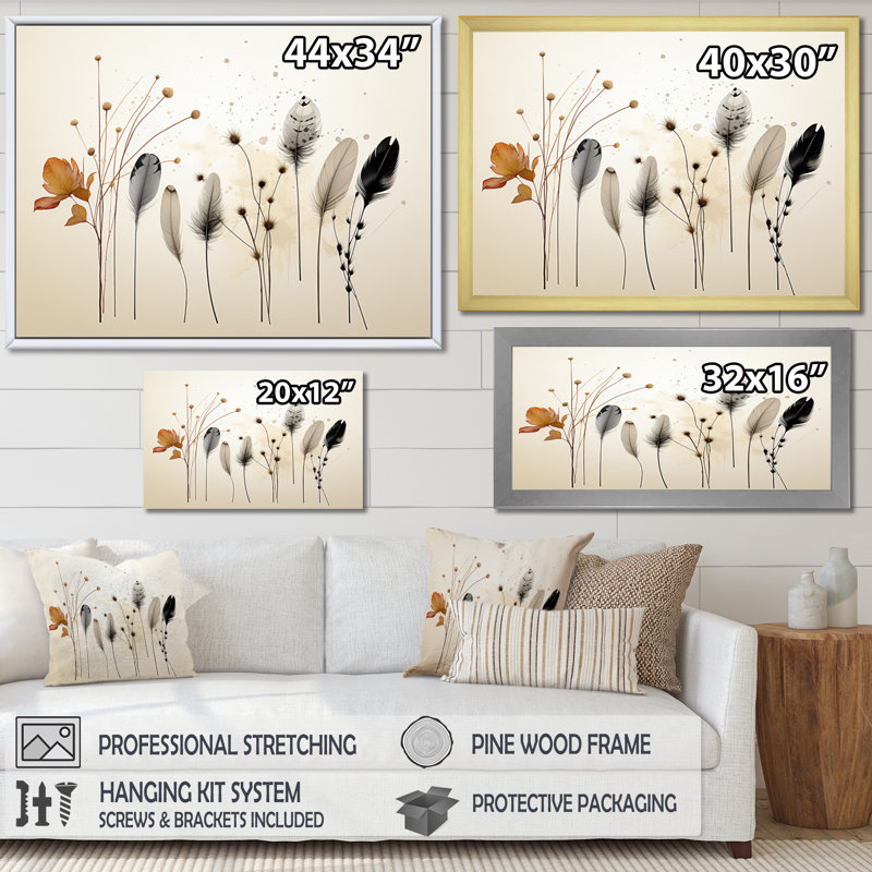 Asian Art Feathers Sumi I - impression, Cadre flottant doré, H 24 po x l 32 po x P 1 po