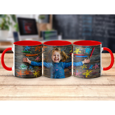 Kids Drawing Style 11oz Accent Mugs – Ceramic Coffee Cup with a Red Handle and Interior