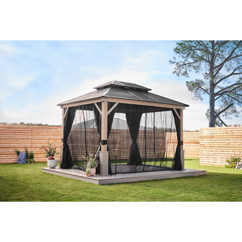 Tommy Bahama Cove 10' x 12' Outdoor Hardtop Gazebo Pavilion for Backyard or Patio, Heavy-Duty Galvanized Steel Double Roof Gazebo, Wood Grain Finish