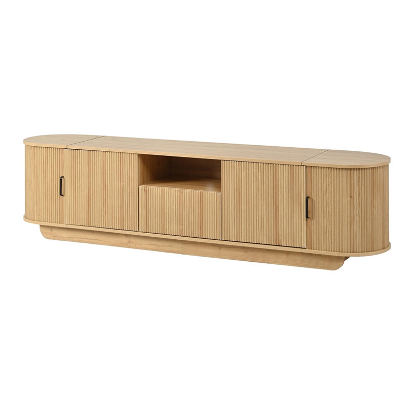 Meuble télé avec tablette ouverte, tiroir, armoires, rangement coulissant caché, coins arrondis, l 70,86 po, Acacia Wood