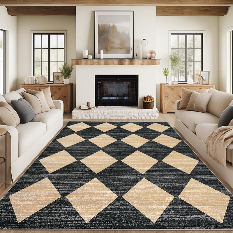 Machine Washable Rugs Distressed Trellis Rug for Living Room Non Slip Stain Resistant Carpet Modern Checkered Farmhouse Floor Cover