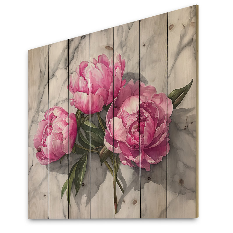 Comptoir de pivoines roses sur marbre - Art mural en bois pivoines - sur bois de pin naturel, H 30 po x l 30 po x P 0,78 po