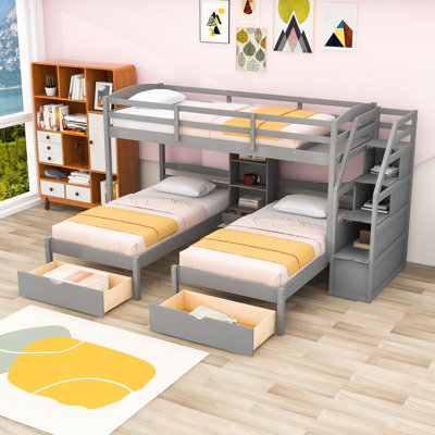 Twin over Twin and Twin Triple Bunk Bed with Staircase and Drawers