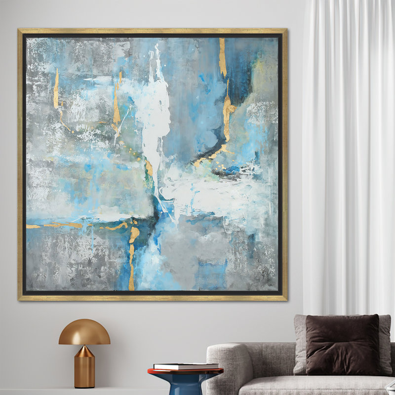 Rustic Old Plaster Effect Blue and Gray Abstract Wall Art Canvas for Modern Home Decor, 30" H x 30" W, Gold