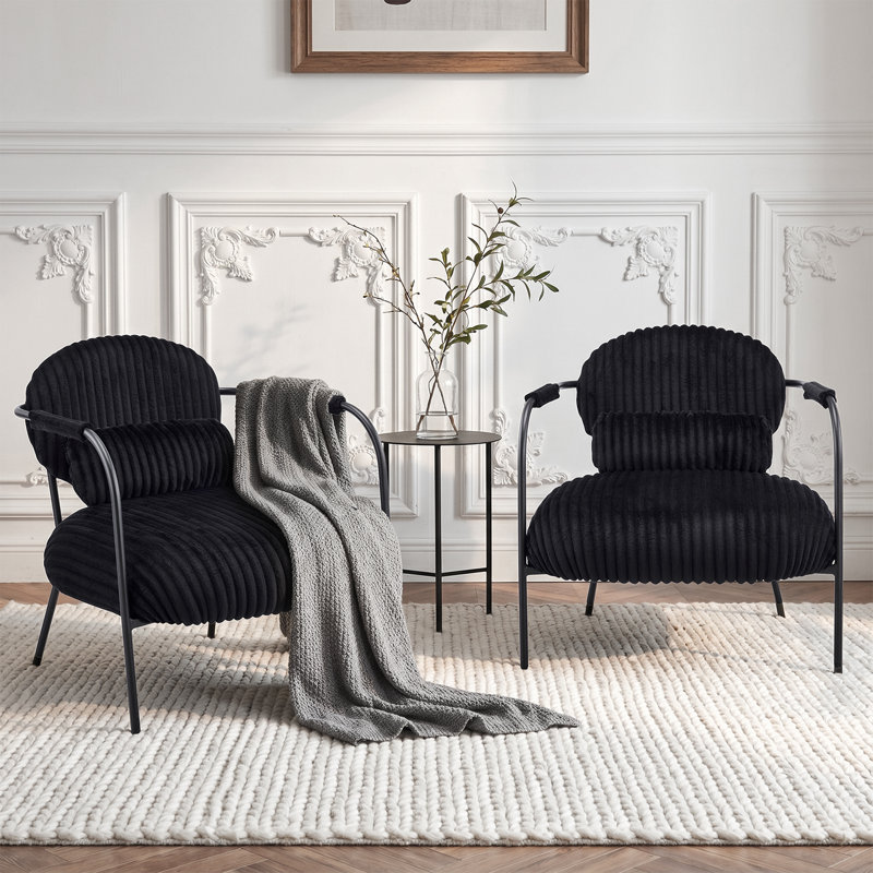 Ensemble de 2 fauteuils d'appoint rembourrés en velours côtelé avec coussin lombaire Aldarondo, Noir
