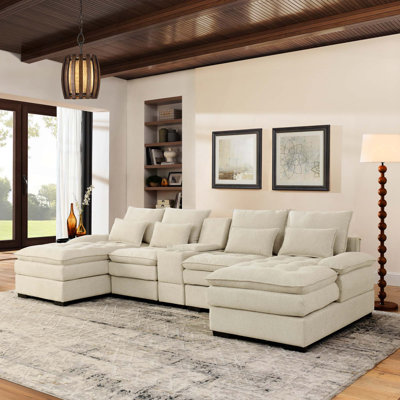 130"  U-shaped Sofa with Console,Cupholders,6-seat Upholstered primary living space Furniture,Sleeper Couch Set with Chaise for Living Room,Apartment