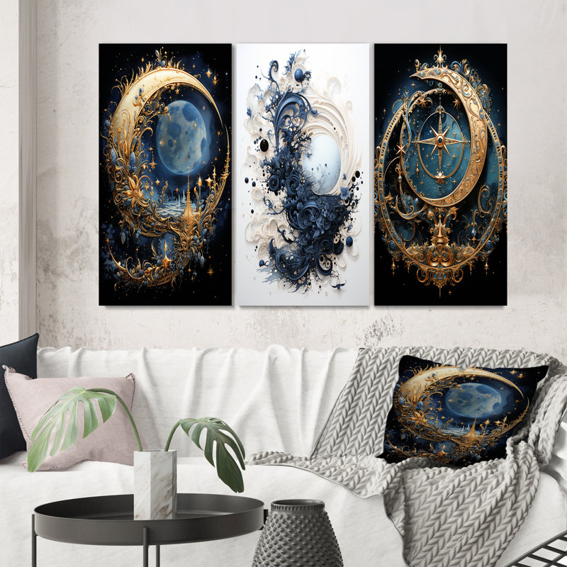 "Croissant de lune", 3 pièces sur toile, Toile tendue, H 32 po x l 48 po